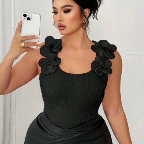 Elenzga Plus Size 14 1XL Women 3D Floral Decor Ribbed Square Neck Tank Top Black - Picture 4 of 5